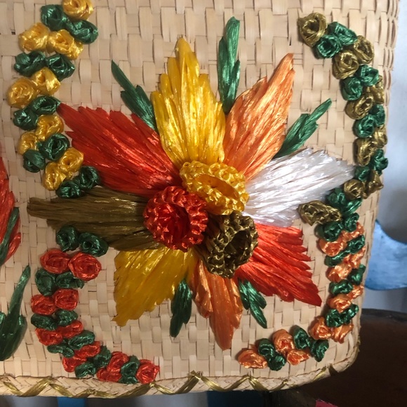 Stunning Vintage 60’s Wicker Seagrass Woven Embroidery Handbag Tote - Picture 5 of 9